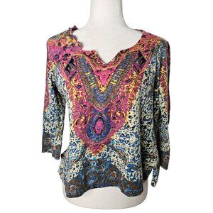 Parsley & Sage Top Medium Boho Hippie Artsy Abstract Multicolor Blue 3/4 sleeve
